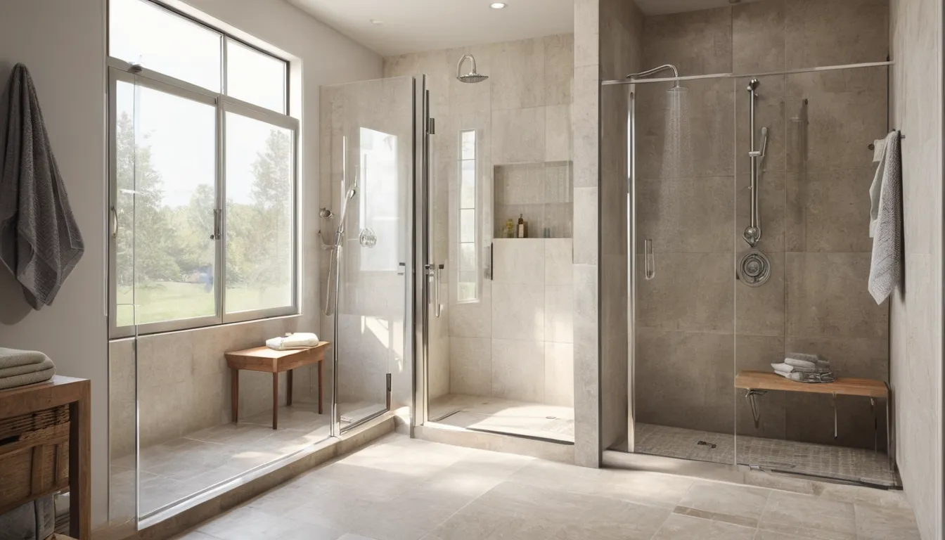 Bright, accessible walk-in shower with a low threshold and grab bar in a Princeton home
