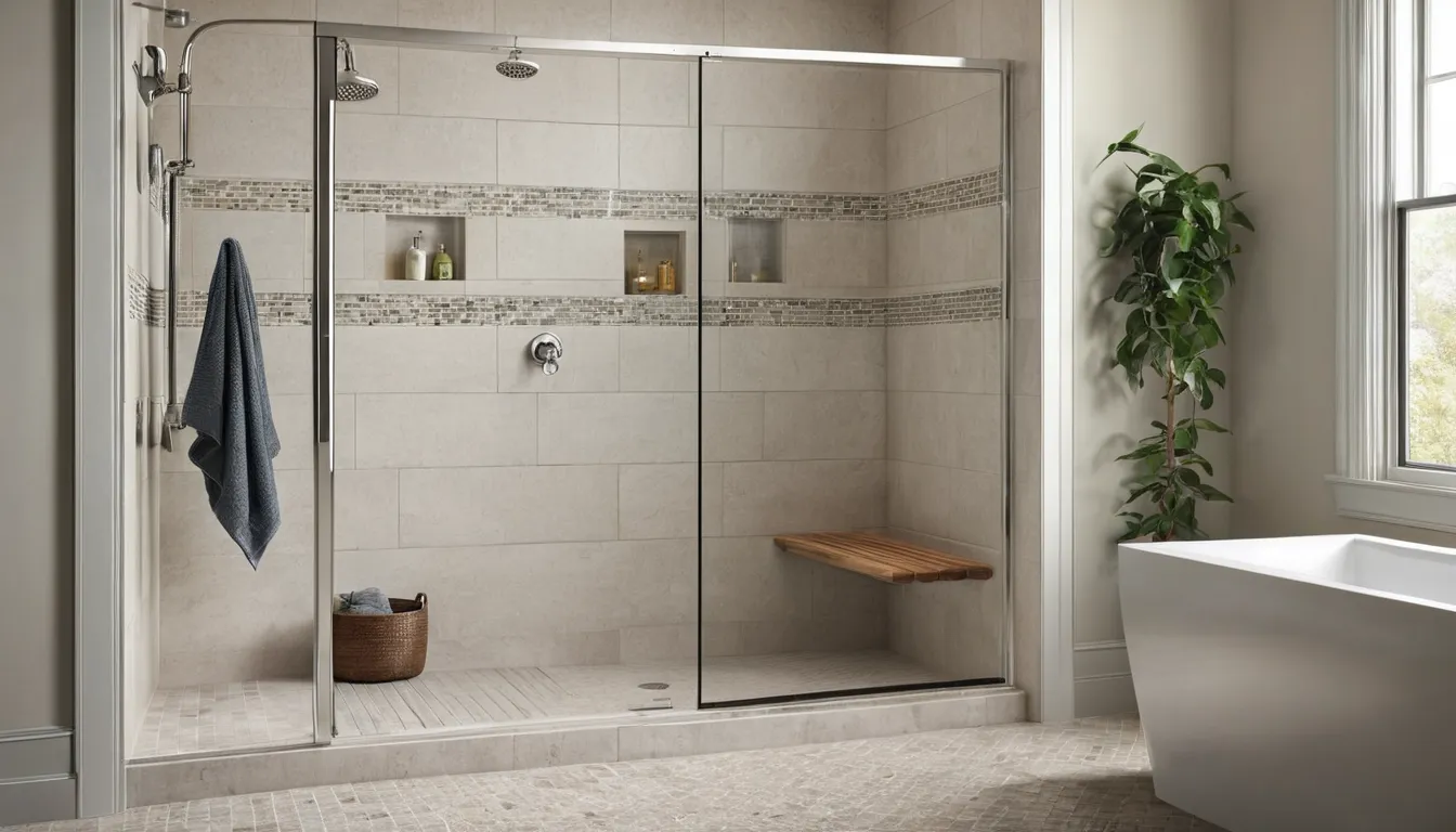 A bright walk-in shower with a low threshold and grab bar in a Princeton home